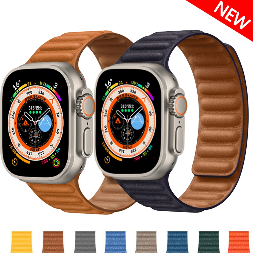 

Leather Link For Apple Watch Band 44mm 41mm 45mm 40mm Original Magnetic Loop 49mm bracelet iWatch Series 8 Ultra 3 SE 6 7 Strap