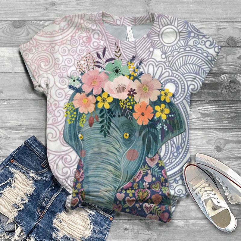 

Fashion street trend Lady plus size T-shirt An unexpected lady T-shirt Super cute animal Elephant pattern New original pattern