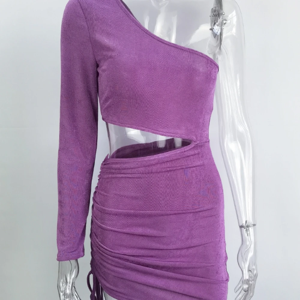 2022 Summer One Shoulder Cut Out Sexy Dress Women Drawstring Asymmetrical Bodycon Mini Dress Party Night Club Dress Purple Black