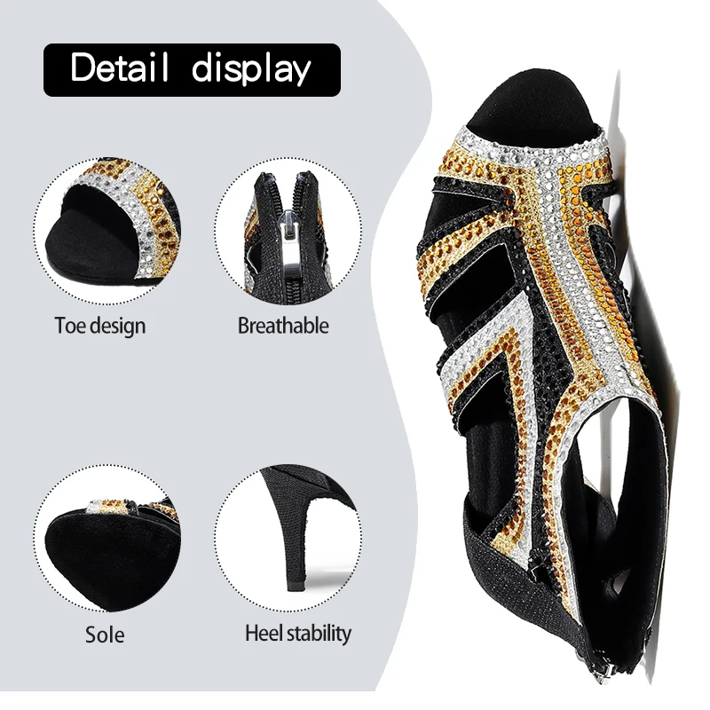 DKZSYIM Women's Latin Dance Shoes Rhinestones Black Salsa Dancing Shoes Woman Party Dance Boots Ballroom Shoes Suede Sole