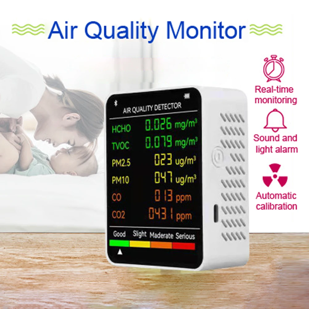 6 in 1 Air Quality Detector PM2.5 PM10 HCHO TVOC CO CO2 Meter CO2 Carbon Dioxide Detector Formaldehyde Monitor LCD White Black