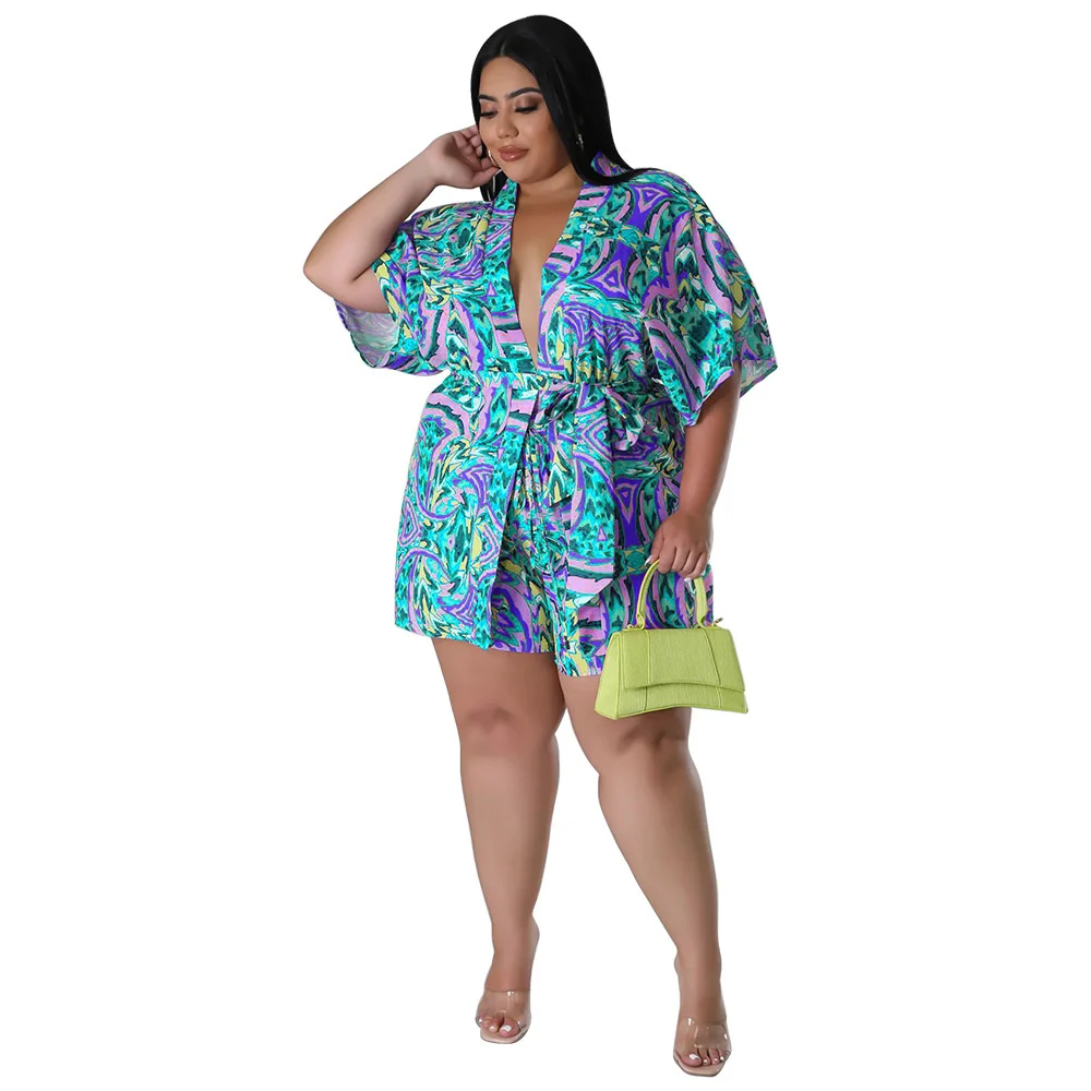 Plus Size Big Size Summer Holidays Woman Two Pieces Set Multicolored Printing Long Sleeves Shirt Sash Fashion 3xl 4xl 5xl 6xl