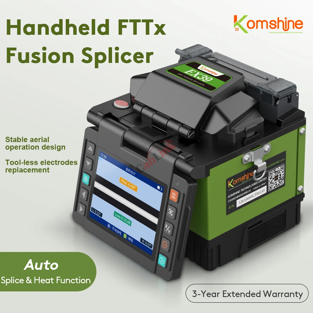 

KomShine EX39 Newest Fiber FTTX Fusion Splicer 0.01dB Loss. 8s Splice; 18s Heat. Fiber Optic Fusion Splicing Machine