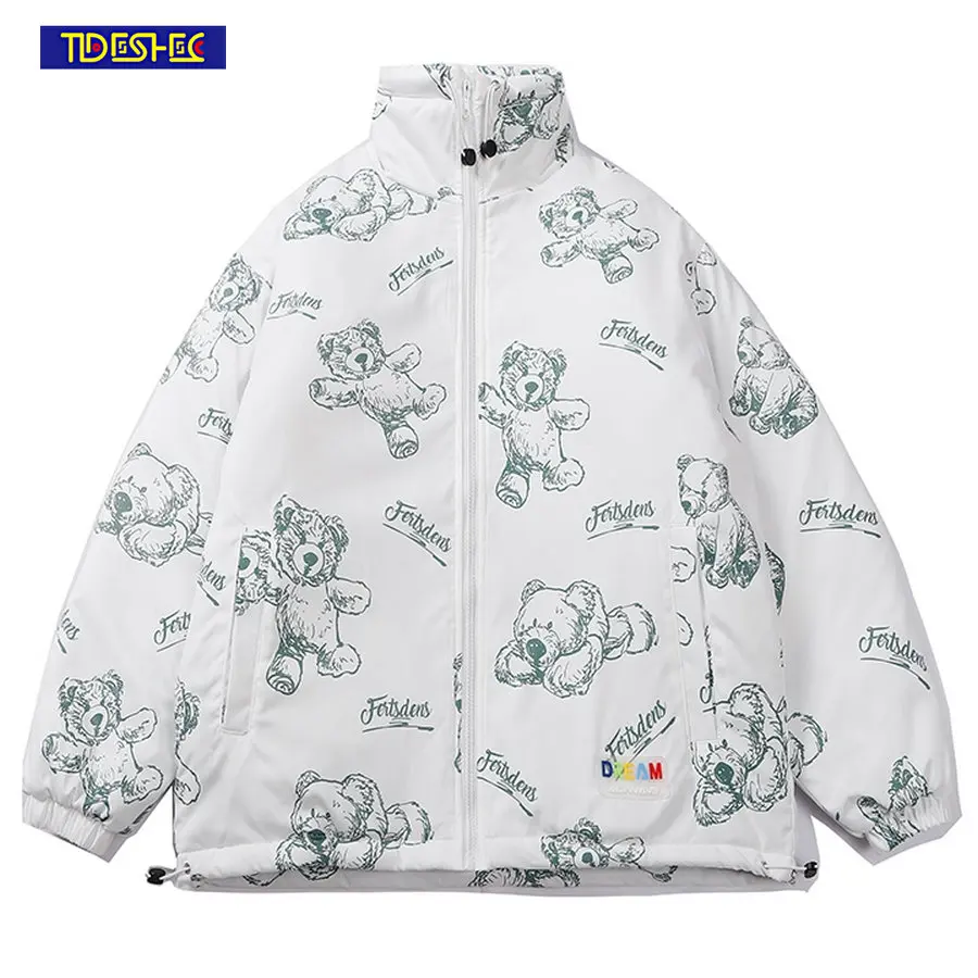 

Men Hip Hop Vintage Stand Collar Parka Cartoon Bear Print Jacket Streetwear Padded Jacket Coat Harajuku Winter Keep Warm Outwear
