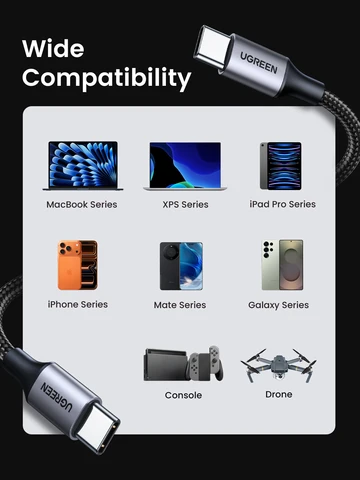 Кабель UGREEN PD3.0 60W USB Type-C - USB-C для быстрой зарядки iPhone 17, 16, MacBook Air, iPad, Samsung, Xiaomi, USB-кабель для быстрой зарядки