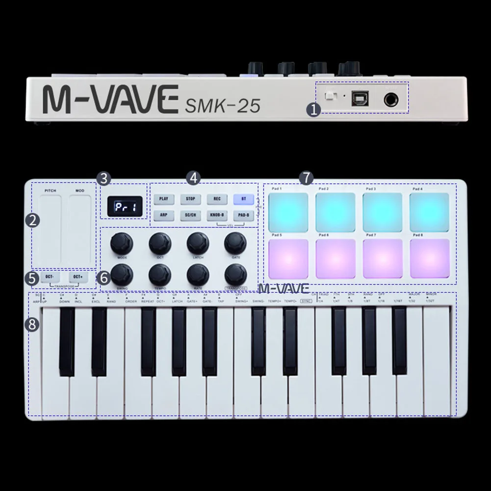 

USB MIDI-контроллер для клавиатуры, 25 клавиш, 8 барабанных колодок с подсветкой