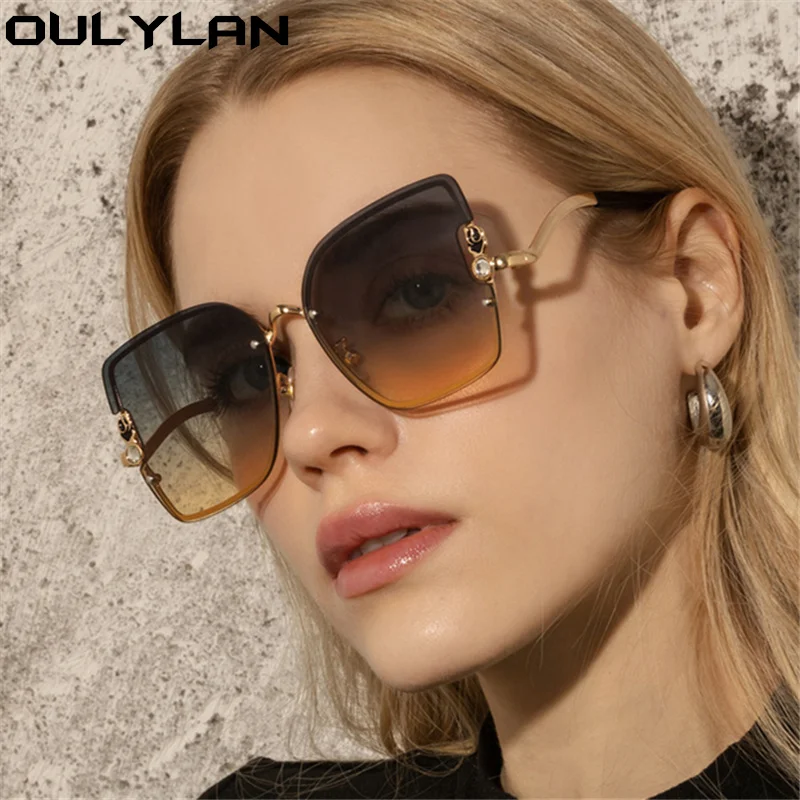 

Oulylan Trimming Rimless Sunglasses Women 2022 Oversized Square Sun Glasses Female Vintage Metal Diamond Gradient Eyewear UV400