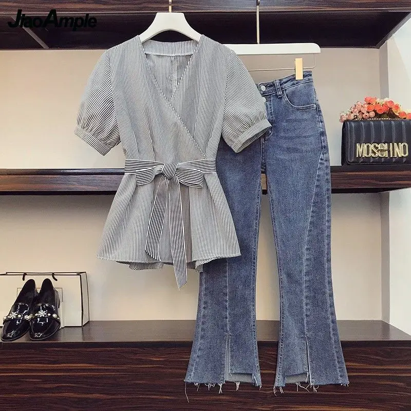 

Korean Women's Casual Oversized Shirts Denim Trousers Suits 2022 Summer New Elegant Short-sleeve Pullovers Jeans Two-piece Set