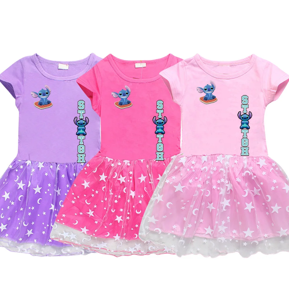 

Summer Mesh Dress Girls Cotton 2022 Fashion Spring Disney Stitch Baby Girls Clothes Girly Princess Costumes 2-14Y