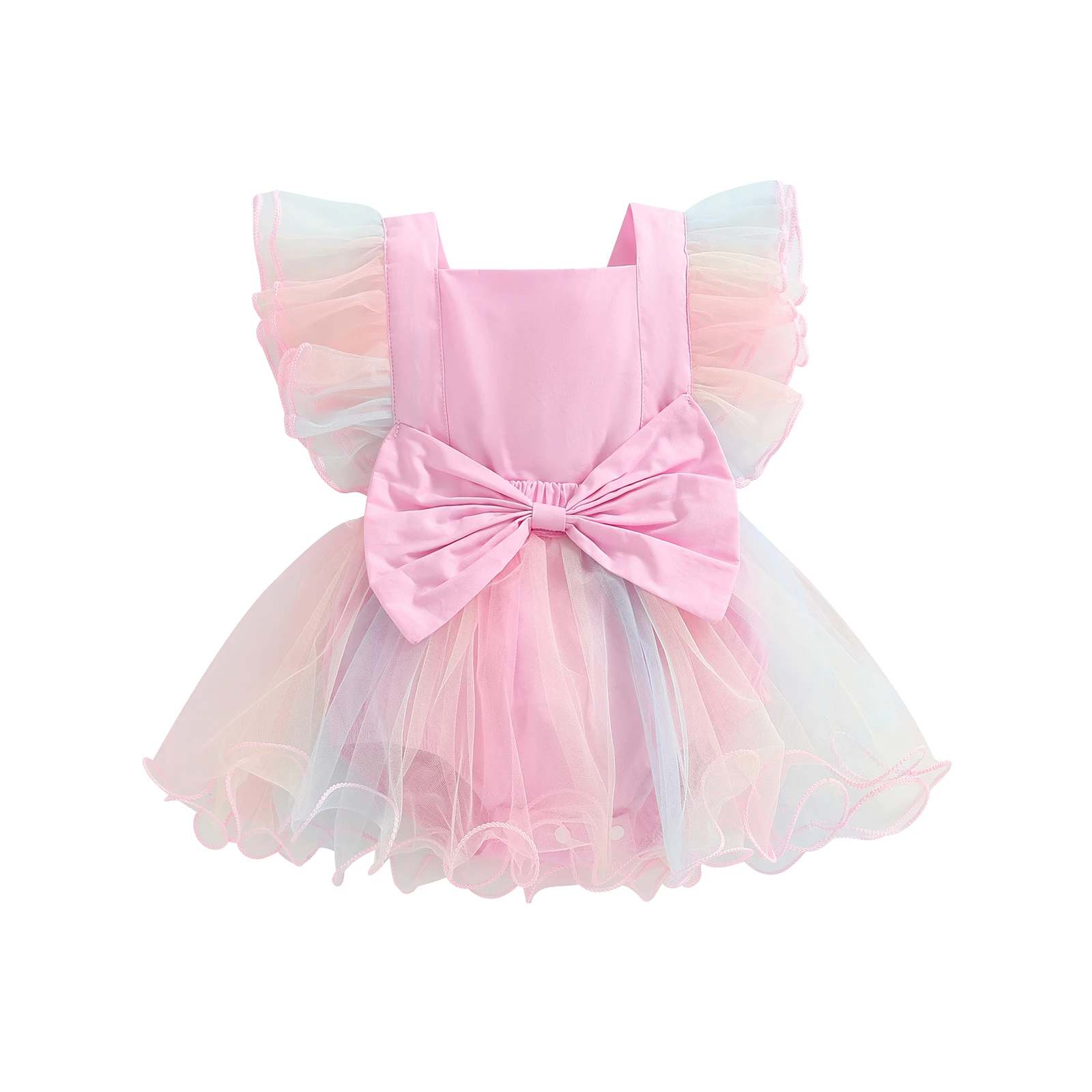 

Newborn Baby Girls Summer Clothing Flying Sleeve Romper Colorful Mesh Bowknot Square Neck Cute Dress Style Jumpsuit