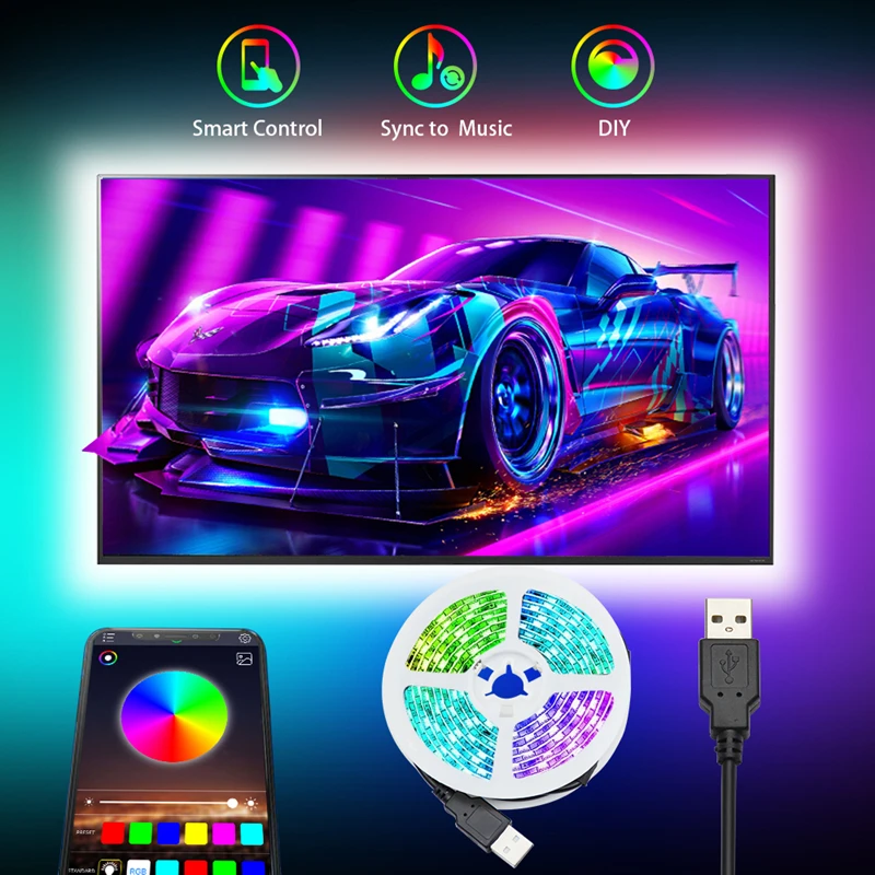 

LED Strip Light 2835 RGB Flexible Lamp Tape 1M-7M Luces String USB DC5V Bluetooth Infrared Control TV Screen Bedroom Decoration