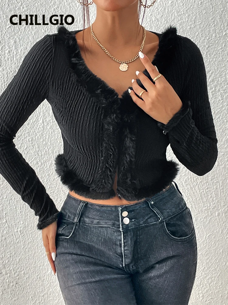 

Женская облегающая блузка из искусственного меха, с длинным рукавом и V-образным вырезом