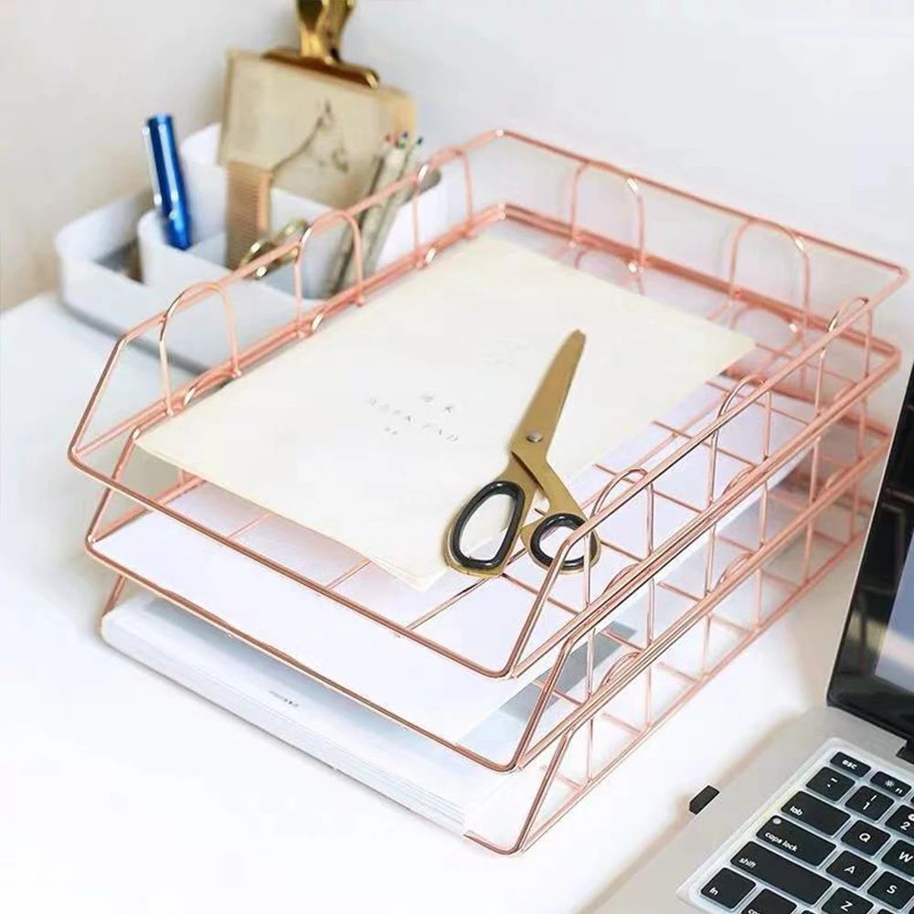 

Nordic Magazine Newspaper Organizer Metal Stackable Storage Basket Frame Rack Office Desktop Rose Gold A4 Paper Finishing Basket