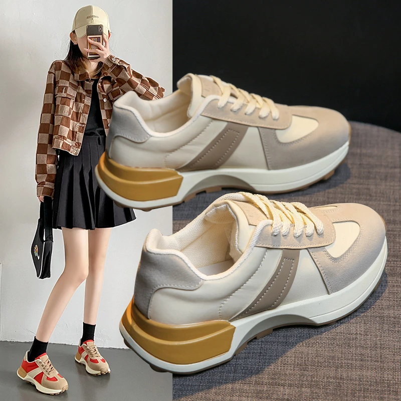 

Модные женские кроссовки из натуральной кожи с противоскользящей толстой подошвой, обувь для папы из хлопка на шнуровке, цвет смешанные в стиле ретро, повседневная спортивная обувь