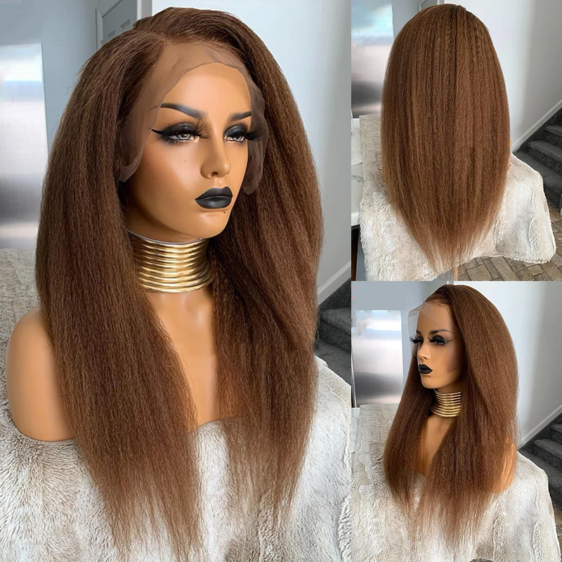 

Brown Lace Front Kinky Straight Wig 13×4 30 Inch Lace Frontal Wig Preplucked Yaki Kinky Straight Cosplpay Wigs For Black Women