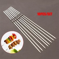 10pcsset reusable flat stainless steel barbecue skewers bbq needle stick for outdoor camping picnic tools cooking tools
