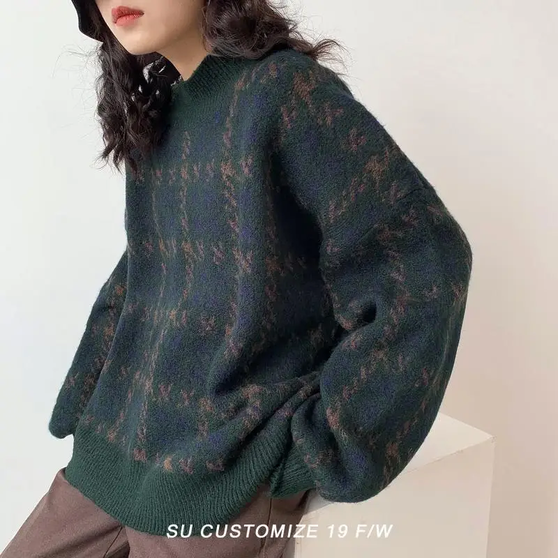 

Winter Houndstooth Half Turtleneck Sweater Women's Y2K Loose All-match Thick and Soft Retro Knitted Sweater Jacket Tide