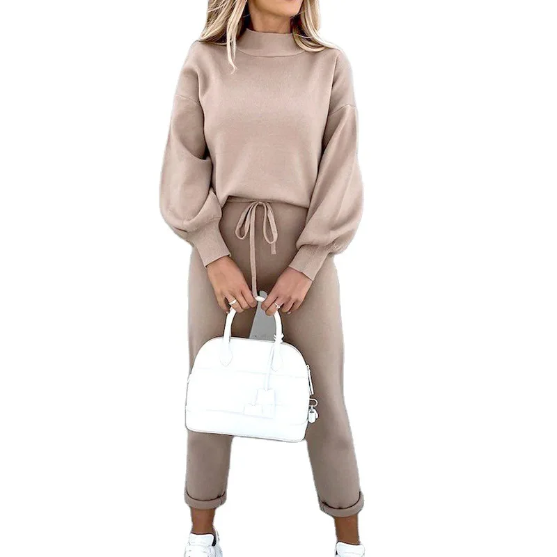 

2023 Autumn/Winter High Collar Long Sleeve Brushed Fleece Fashion Casual Sweater Set