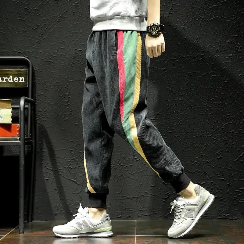 

2022 Autumn Winter Fashion Casual Corduroy Pants Men Loose Fit Colorful Stripe Spliced Cargo Pants Streetwear Hip Hop Trousers