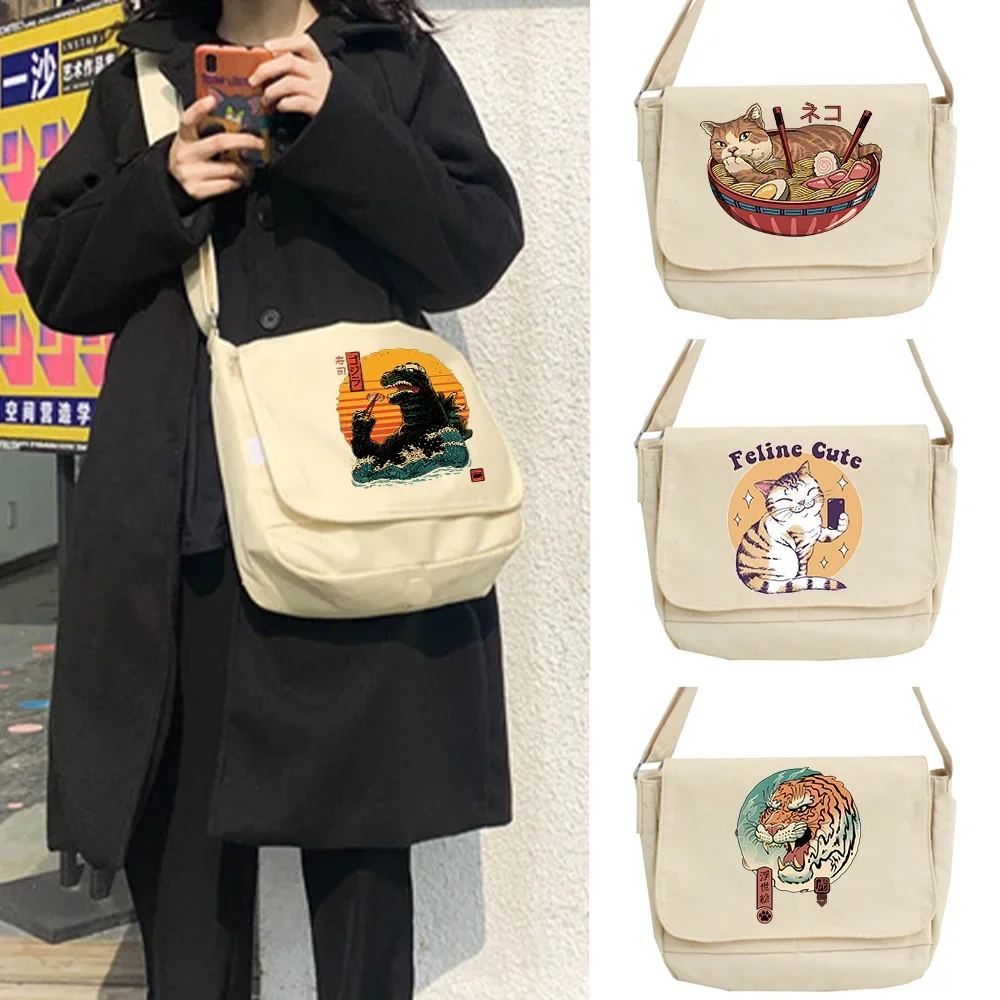 

Women's Shoulder Bags for Youth Student Casual Crossbody Bag Postman Case Shopper Organizer Japan Cat Print Canvas Pack Satchels