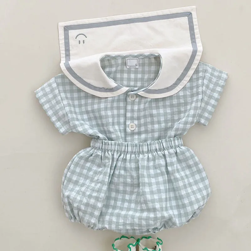 Baby Girl Clothes Set Infant Boy Short Sleevs T-shirt And Bread Shorts 2pcs Sets Toddler Unisex Cotton Plaid Tops+bloomer Suit images - 6