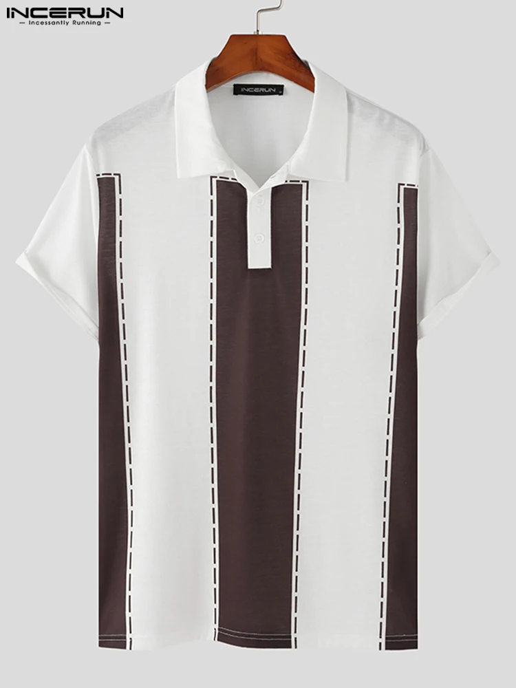 Casual Hot Sale Tops INCERUN New Men's Black White Contrast Color Blouse Fashion Male Hot Sale Short-sleeved Lapel Shirts S-5XL