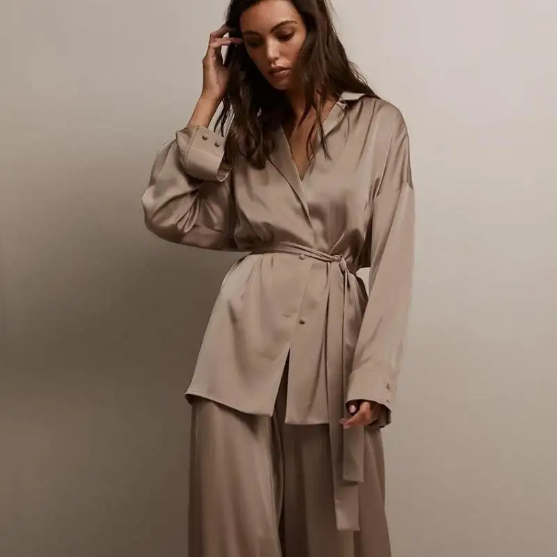 

Loose Satin Pajamas For Women Long Sleeve Robe&Pant 2 Pieces Sleepwear Comfy Silk Women's Nightwear Home Clothes Spring Autumn