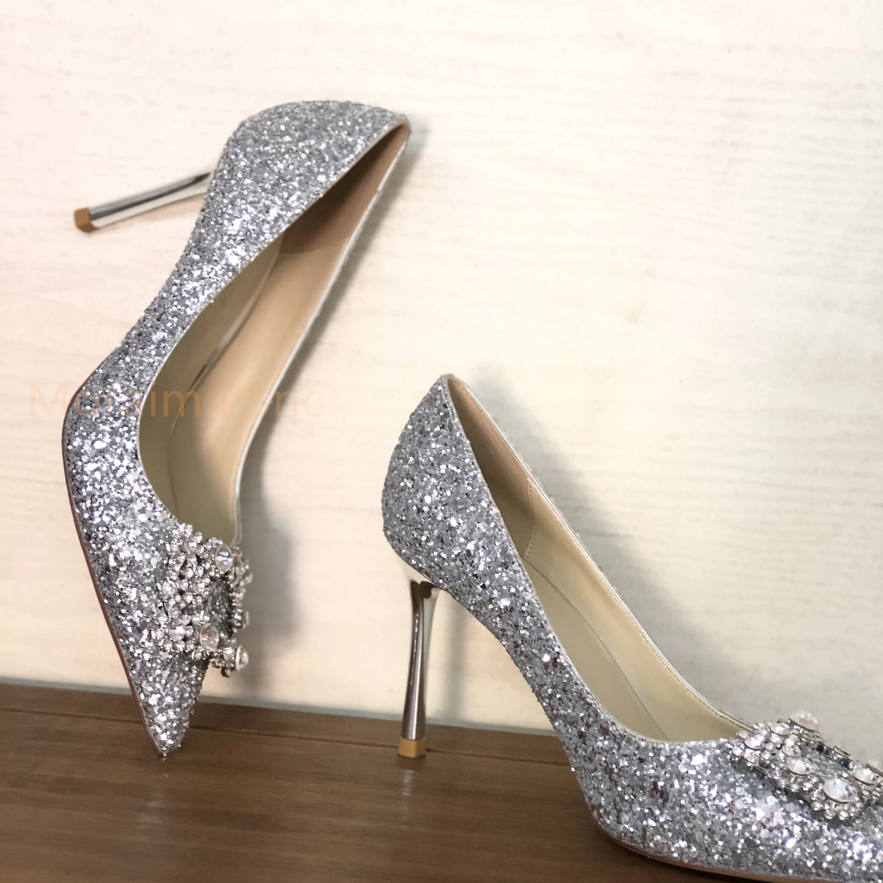 Bling Bling High Heels Wedding Shoes for Women Bride Silver Gold Stiletto Pointed Toe Slip-On Party Banquet Shoes Ladies Pumps
