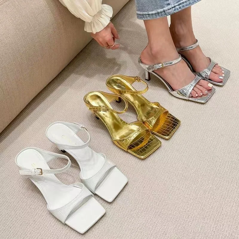 

Женские шлепанцы на высоком каблуке, летние сандалии с квадратным золотым носком, на тонком каблуке, Т-образной формы, с пряжкой One Word, 2022