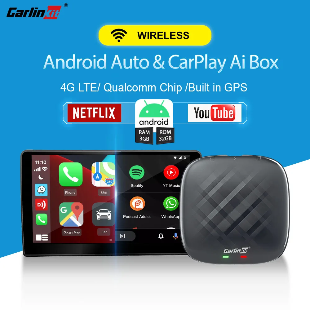 CarlinKit 4.0 Android 11 Wireless Android Auto Ai Box Wireless Apple CarPlay Adapter per Toyota Fiat Audi Porshe Benz Kia FordVW