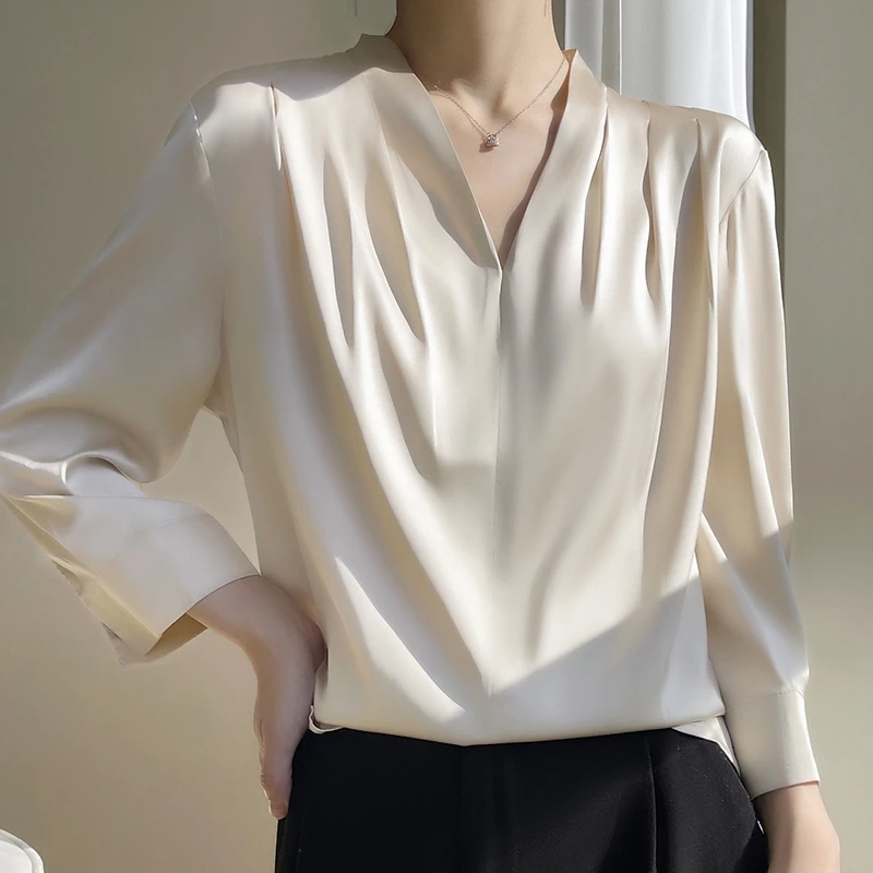 

Женская шелковая рубашка с V-образным вырезом, шелковая рубашка из сатина с рукавами семь восьмых, подчеркивающая индивидуальность во французском стиле, лето 2023