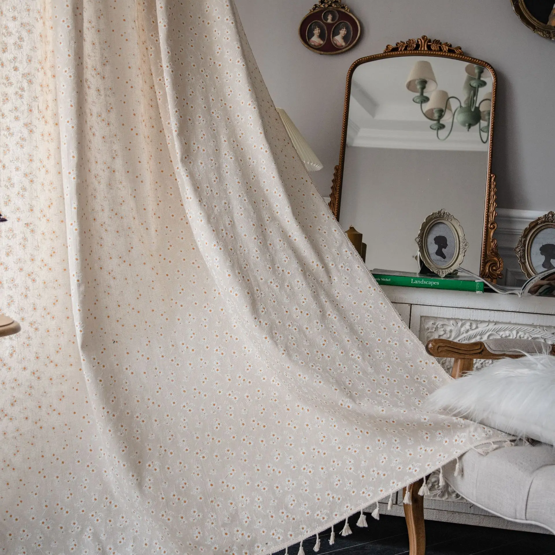 

American Country Cream Daisy Print Polyester Linen Curtain - Kitchen Divider, Living Room, Bedroom Sheer