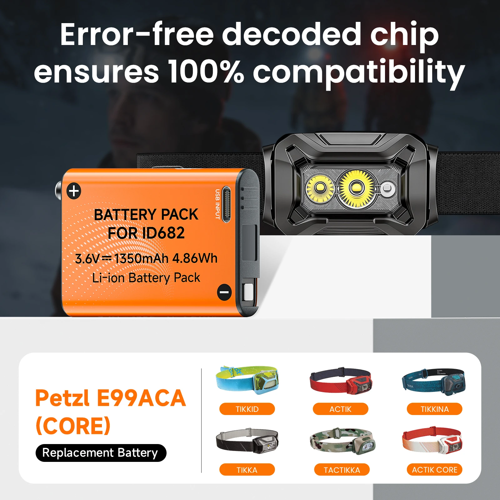 Фото Аккумулятор большой емкости 1350 мАч ID682 с USB-портом для зарядки для налобного фонаря Petzl Actik Core E99ACA DL-PZ682 №4