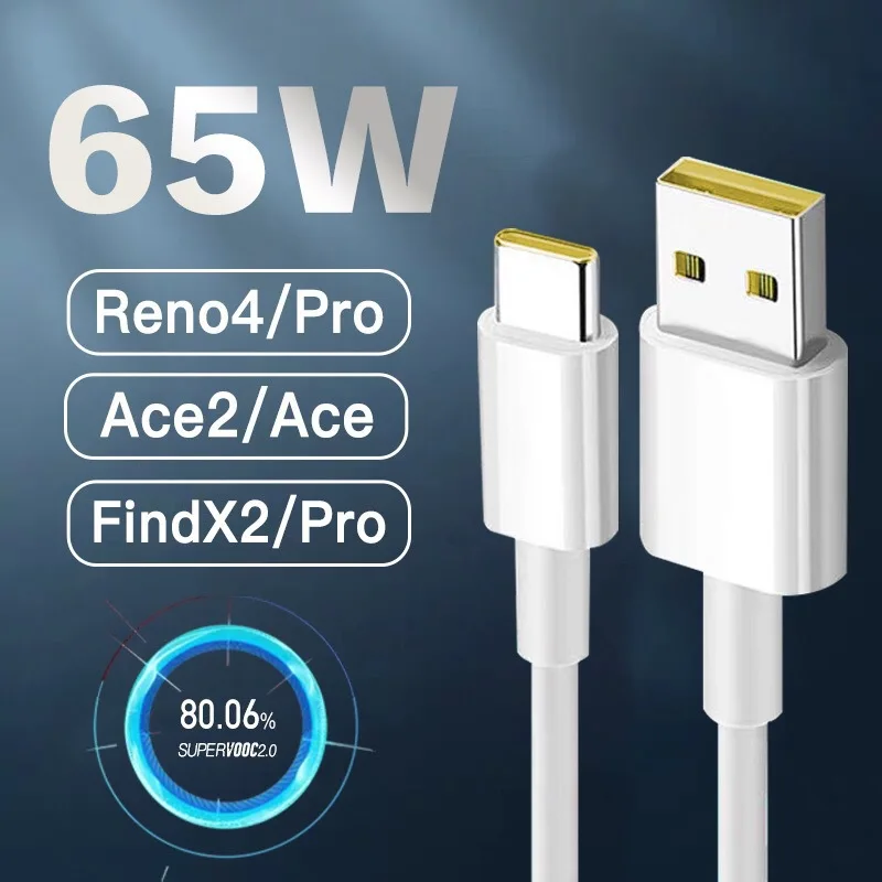 YOCPONO USB-A to USB-C Cable 1m 5A 65W SuperVooc 2.0 Compatible OPPO Reno Ace Reno4se R17pro Findx2 Phone Charger Fast Charging