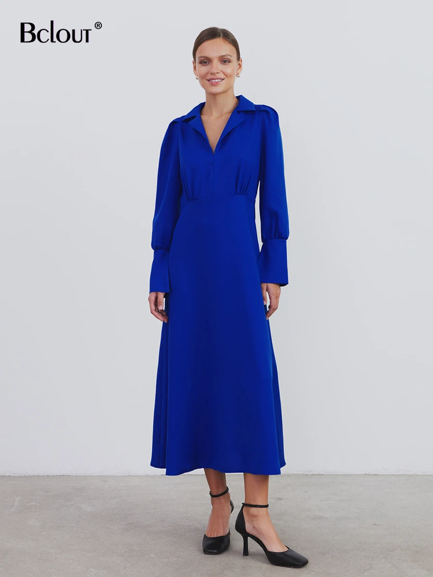 

Bclout Элегантное синее платье для женщин 2022 осень пышные рукава офисные женские длинные платья с высокой талией V-образный вырез ТРАПЕЦИЕВИДН...