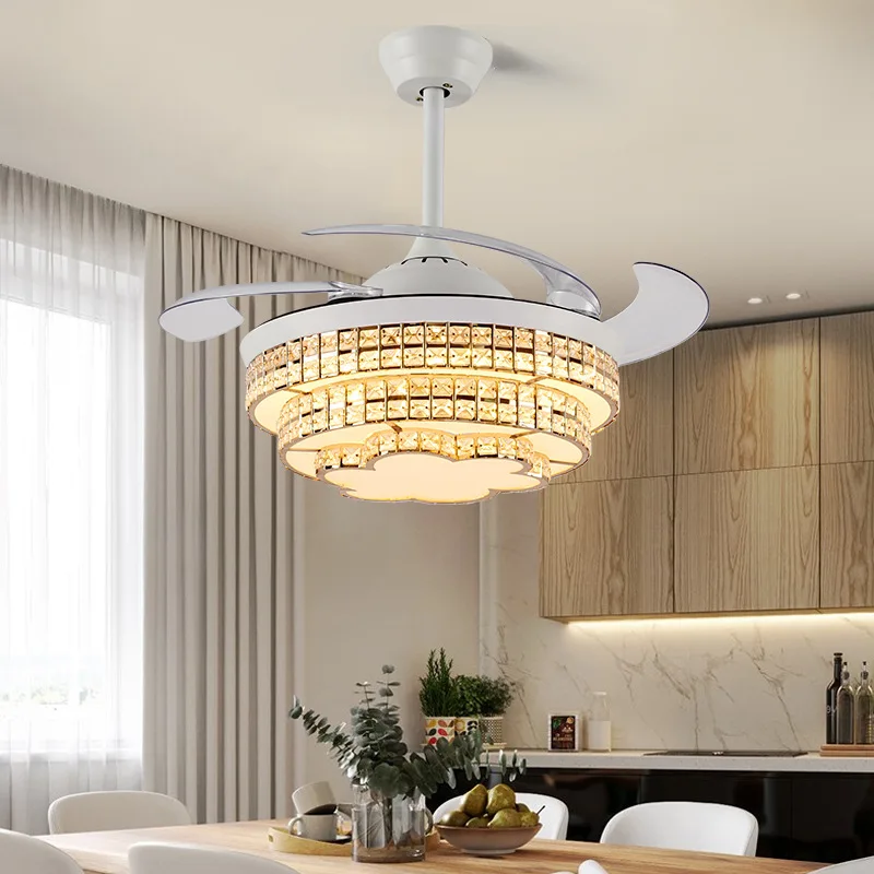 

LED Crystal Ceiling Fans Modern Invisible Ceiling Fan Light Living Room Modern Dining Room Smart Ceiling Fans with Lights