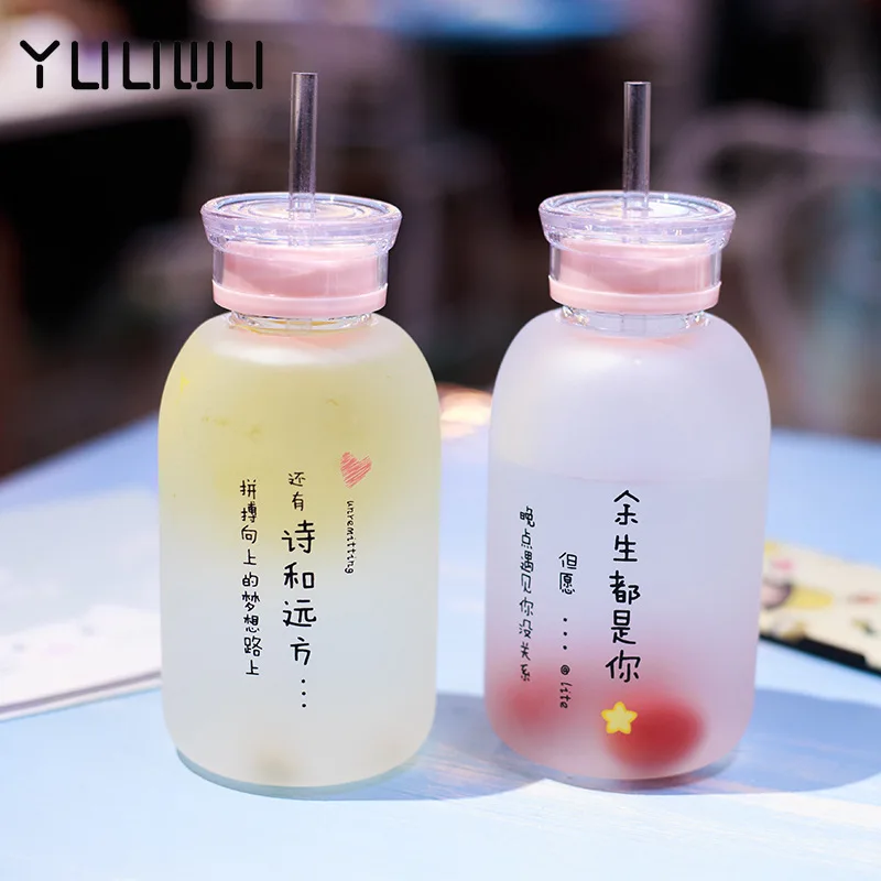 

Super Cute Water Bottles Simple Girl Straw Cup Cartoon Frosted Leakproof Drinkware Bottle Glass Cup Portable Kawaii Water Bottle
