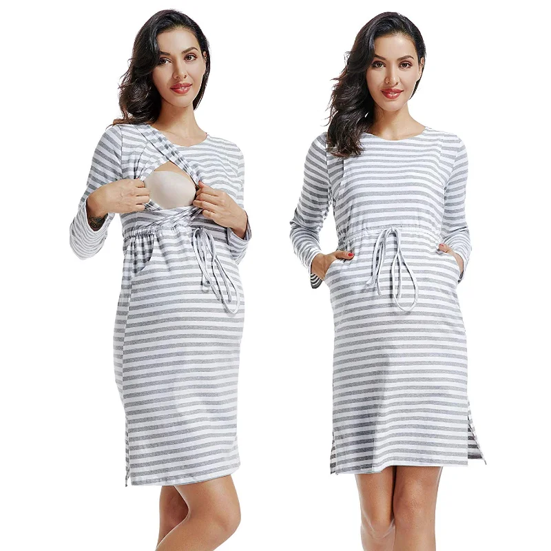 2022 new fashion pregnancy clothes striped knee-length plus size dress long sleeved lactation dress maternity dress maxi dress