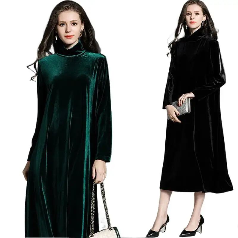 

Осенне-зимнее бархатное свободное платье 2023, Женская туника с длинным рукавом и высоким воротом, элегантное платье, повседневное винтажное женское платье