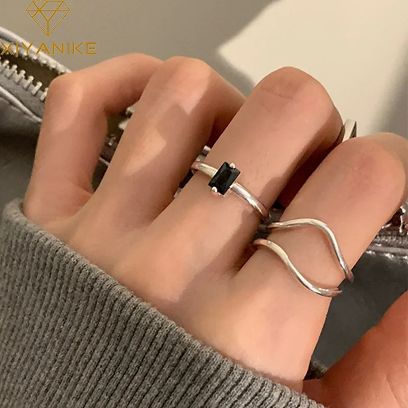 

DAYIN Korean Black Zircon Wave Cuff Finger Rings For Women Girl Luxury Fashion New Jewelry Friend Gift Party Anillos Mujer