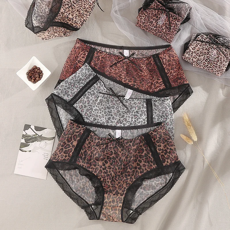 

Leopard print gauze lace edge sexy Panties women's high elastic middle waist briefs light and comfortable breathable shorts wome
