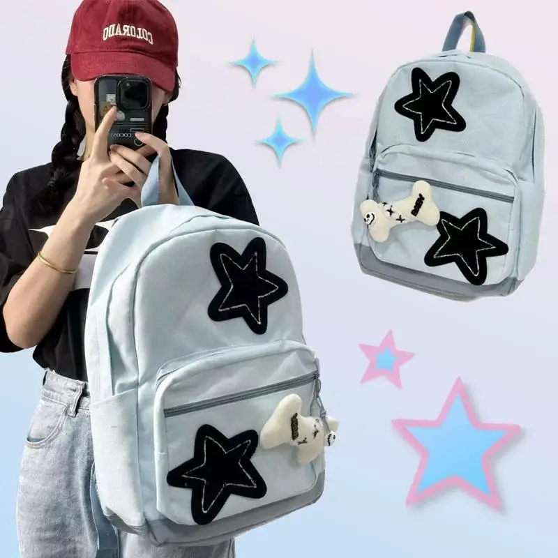 

Новинка 2023, подходящий ко всему рюкзак в стиле пэчворк со звездами, Женский Повседневный школьный ранец в стиле преппи, милые синие эстетические женские рюкзаки