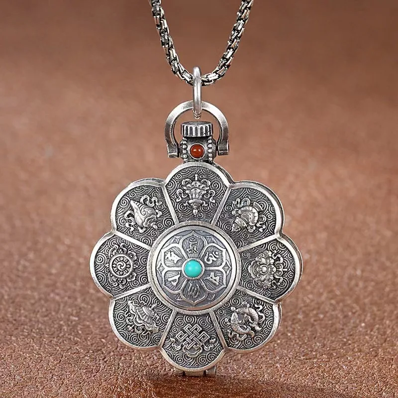 

Vintage Ethnic Style Auspicious Eight Treasures Pendant Necklace Mantra Gawu Box Necklace Good Lucky Jewelry Accessories