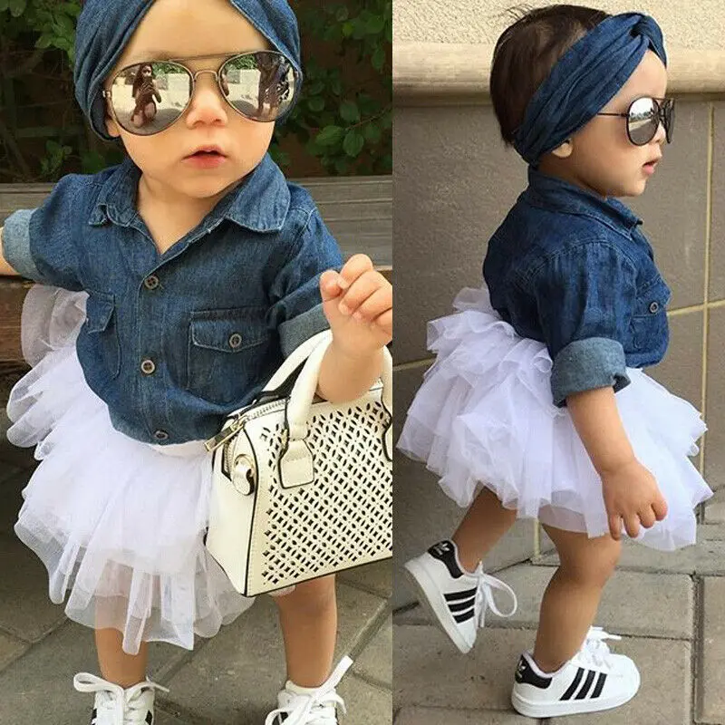 

Fashion 0-5T Baby Girls Set Denim Shirt Top +Tutu Skirts+Headband 3pcs Outfits Sets Autumn Spring Set Kids Clothintg