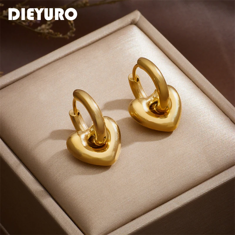 

DIEYURO 316L Stainless Steel Gold Color Heart Hoop Earrings For Women New Trend Girls Ears Jewelry Birthday Party Gifts Серьги