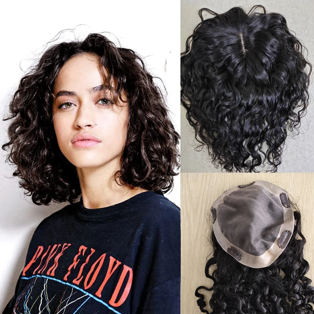 20 inch Brazilian Human Hair Curly Topper Silk Skin Base Toupee With 2 cm PU Around Virgin Hair Extension with Clips for Women