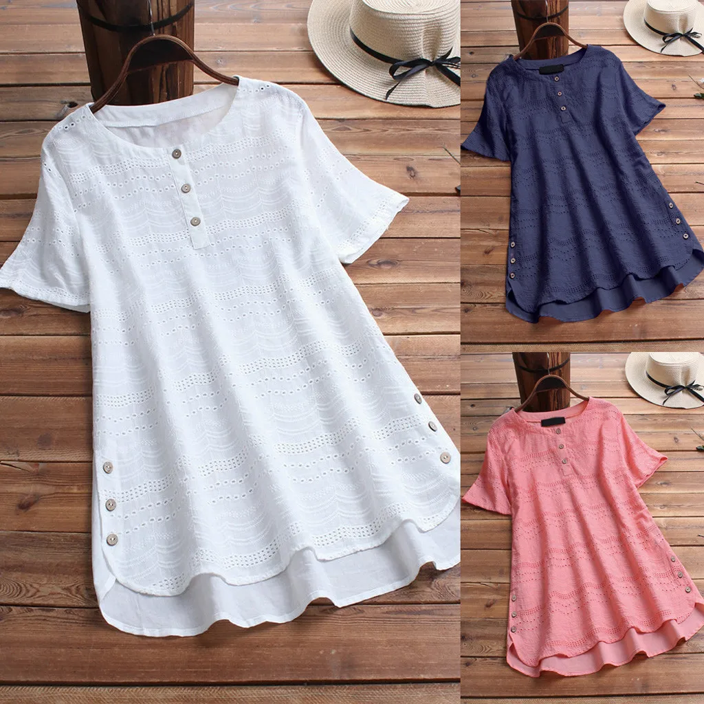 

Ladies Tops Casual Round Neck T-Shirts T-Shirts Eyelets Lace Panel Buttons Shirts Soild Hygroscopic Ladies Tank Top Plus Rozmiar