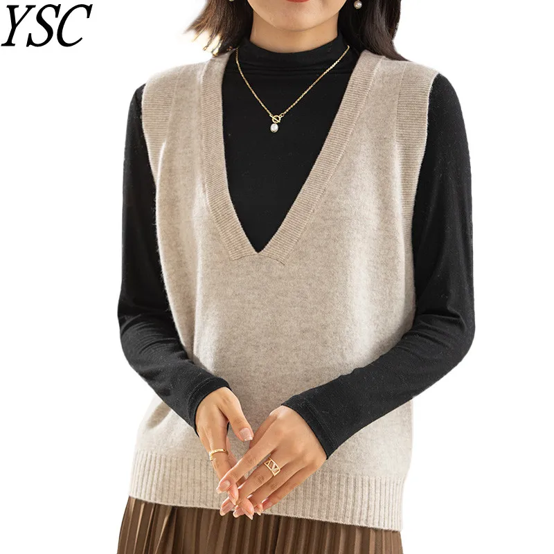 

YSC 2022 new style Ladies knitting 100% Pure wool vest V collar Loose style solid color High-quality soft keep warm Vest