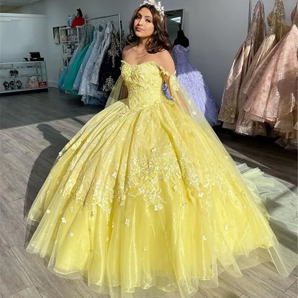 

2022 желтое бальное платье, платья для Quinceanera, великолепные платья для выпускного вечера, милое платье с 3D цветами и бисером, праздничное плать...