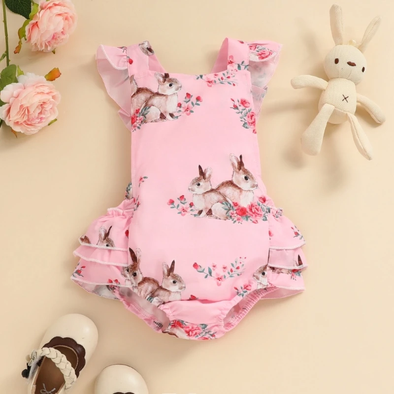 

N80C Baby Romper 0-12M Infant Girls Easter Print Jumpsuits Newborn Girls Rabbit Print Costume Skin-Friendly Hip Wrap Outfit
